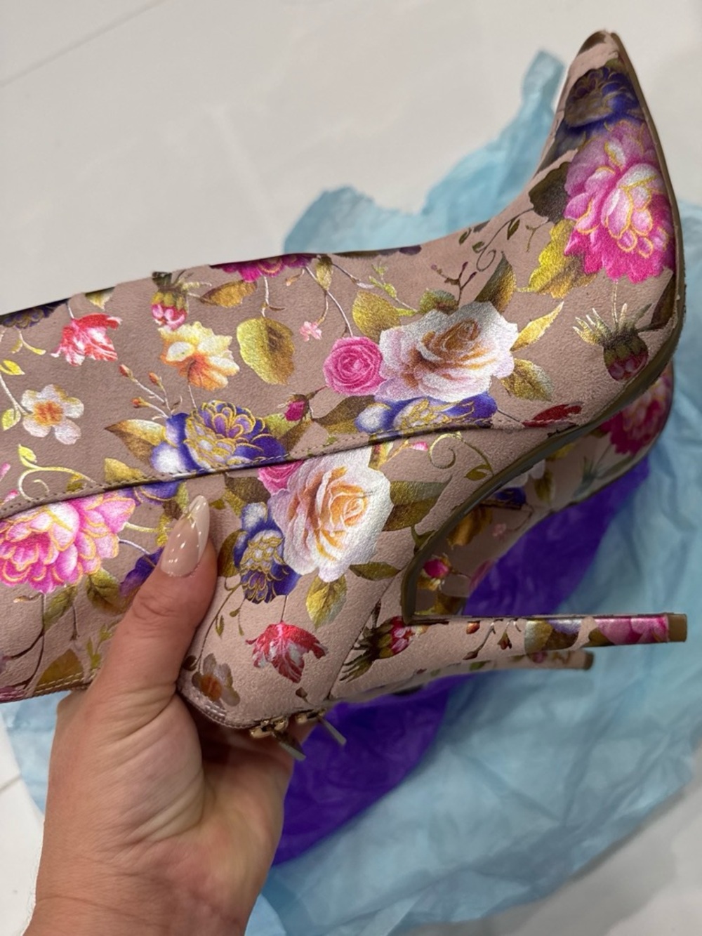 Floral Print Pink Satin Stiletto Pumps
